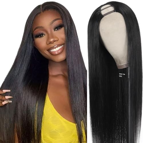 200% Density U Part Human Hair Wigs, Upgrade U Part Wigs With Drawstring No Glues Straight Human Hair Full Head Clip In Half U Shape Wigs For Women, Beginner Friendly,Natural Black Color(16 inch)