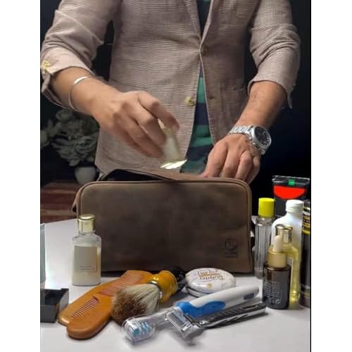RUSTIC TOWN Full Grain Leather Travel Toiletry Bag - Cosmetic Ditty Kit Organizer (Dark Brown)