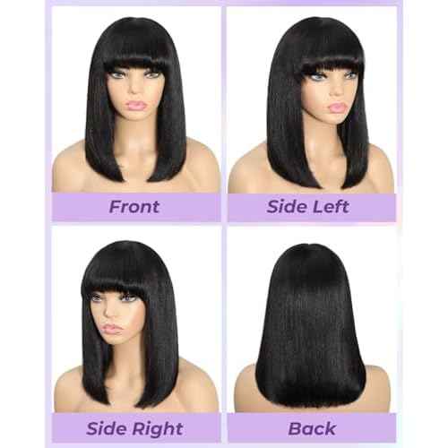 Bob Wig with Bangs Human Hair 100% Human Hair Wigs with Bangs Glueless 2¡¿1 Lace Closure Short Bob Wig Human Hair Straight Wigs for Black Women Closure 180% Density Beginner Friendly£¨14Inch,Black£©