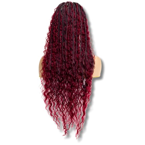 PIB 24'' Full Lace Bohemian Box Braid Wig - Knotless Braided Wigs for Black Women - Synthetic Braided Wig with Natural Baby Hair - Off Black and Burgundy #1B118