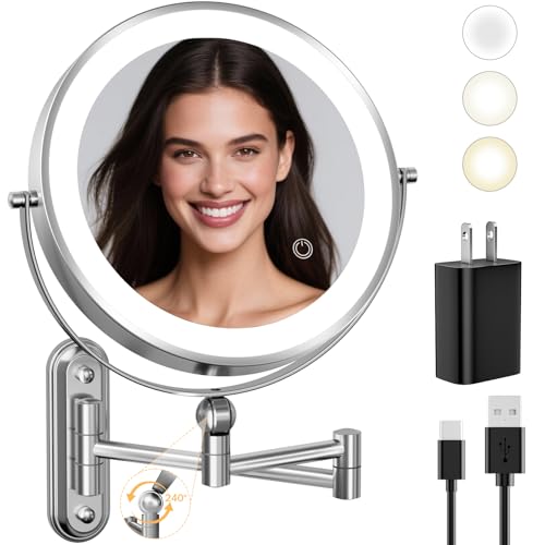 Rocollos 9-Inch Large Makeup Mirror with 30X Magnification, Rechargeable Wall Mounted Vanity Mirror with Lights, 3 Color Dimmable LED, Touch Screen & Retractable Arm-Black (9INCH-Chrome)