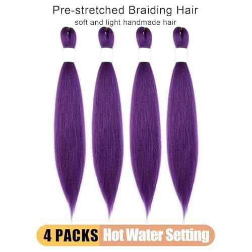 Purple Braiding Hair 20 Inch Pre Stretched Hair Long Straight Crochet Braids Yaki Texture Synthetic Fiber 4 Packs (Dark Purple)