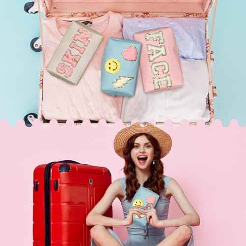 GEMLORD 3 Pieces Preppy Patch Makeup Bag, Small Chenille Letter Cosmetic Bag, PU Leather Waterproof Zipper Skin Care Toiletry Bags for Teen Girls, Portable Preppy Gift for Women(White, Blue, Pink)