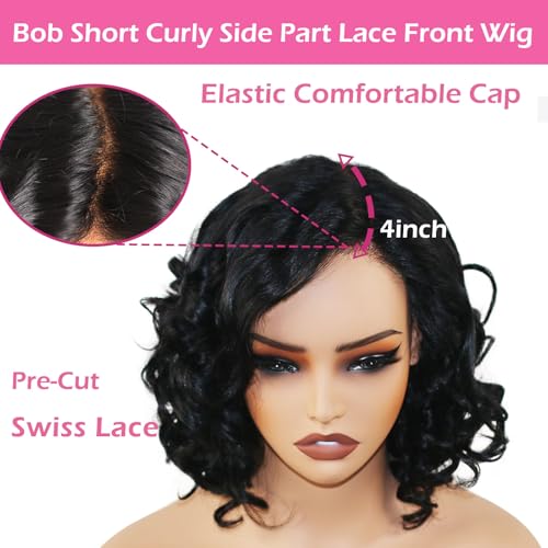 12 Inch Curly Wave Human Hair Wig - Bye Bye Knots Glueless Wig with Pre-Cut Swiss Lace & Pre-Bleached Knots - 100% Brazilian Remy Human Hair Side Part Lace Front Wig, Natural Color