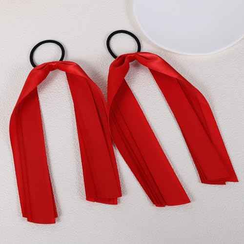 Red Ribbon Hair Ties Cheer Long Tassel Elastic Hairbands Handmade Girls Women Ponytail Holder Hair Accessories for Holiday Party