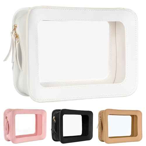 Clear Makeup Bag TSA Approved Waterproof Travel Toiletry Bag Leather Cosmetic Organizer Case Transparent Car Storage Pouch for Women(White-L)