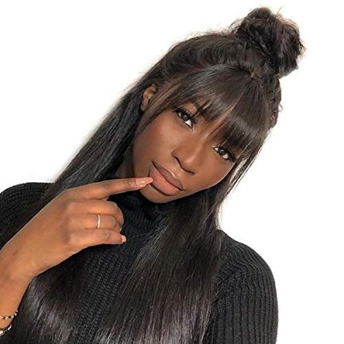 hair Mechine Made wig human hair natural black body wave 150% density with Pre Plucked Hairline with baby hair grade 10A hair wig (20, Straight wig with Bang)
