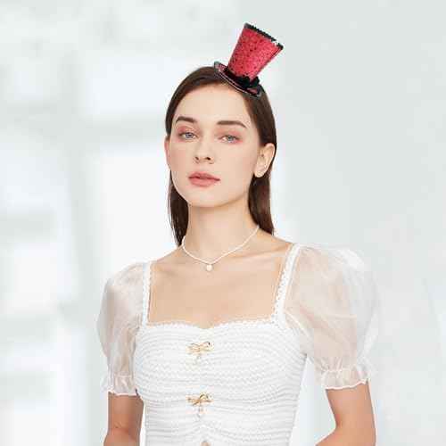 WLBON Halloween Mini Top Hat Headband 1920s Bow Sequins Hair Hoops Bands Fascinator Headpiece Hairband Women Christmas Holiday Festival Parade Cosplay Dress Up Birthday Tea Party Accessories Red