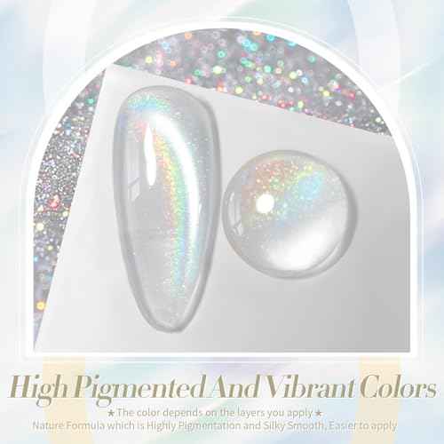 Born Pretty White Glitter Cat Magnetic Eye Gel Nail Polish, Holographic Glitter Iridescent Gel Nail Polish Soak Off Led Gel Nail Polish Nail Art Gel Manicure Salon DIY Gifts 15ML