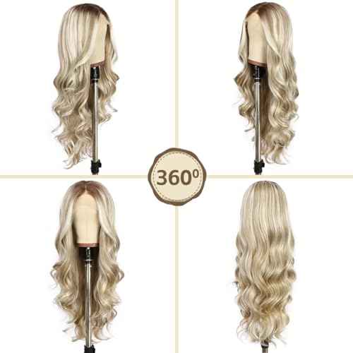Highlight Blonde Lace Front Wig for Women 13x4 Body Wave Synthetic Wigs Balayage Pre-plucked Long Wavy Wig 150% Density Heat Resistant Hair Replacement Wigs 26 Inch