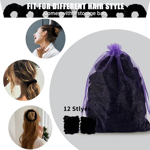 12 Pcs Classic Black Premium Satin Soft scrunchies,Velvet Scrunchies for Girls&Women, Hair Ties for Girls and Suitable for Various Occasions
