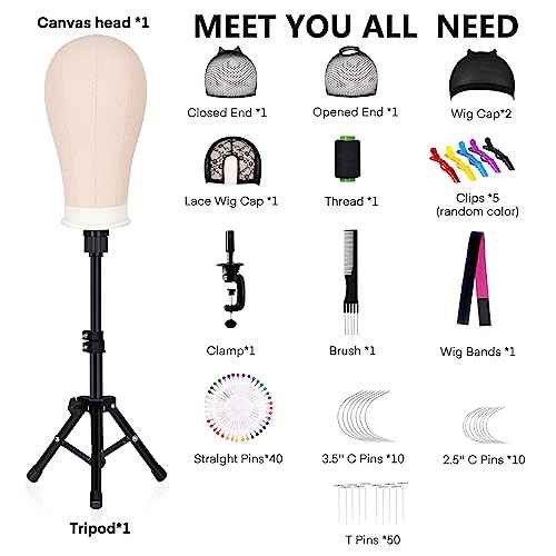 22 Inch Canvas Wig Head Mannequin Head With 63in Tripod Stand, Manikin Canvas Head Set for Wigs Making Display Styling with Tripod Table Clamp Wig Caps Pins Set Hair Brush, Clips(Beige)