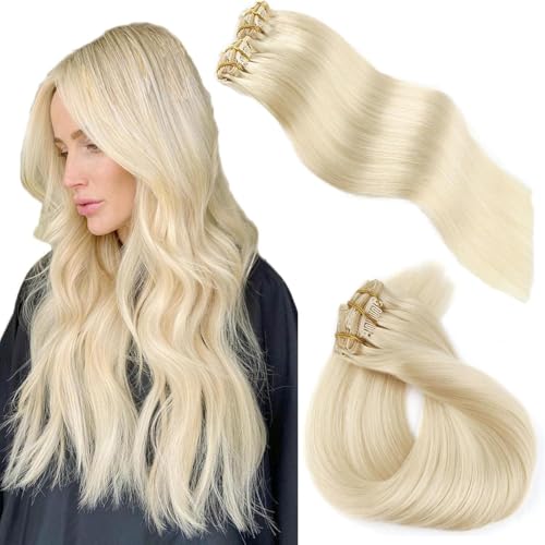 ABH AMAZINGBEAUTY HAIR Clip in Hair Extensions Real Human Hair Blonde Human Hair Clip ins Straight Remy Human Hair Clip ins #60 Platinum Ash Blonde 18 Inch 8pcs With 18 Clips 120G