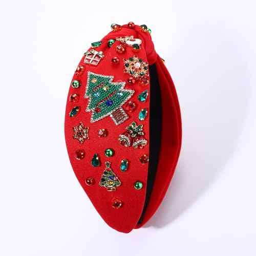 Jeweled Plaid Embellished Crystal Pearl Knotted Wide Top Knot Headband for Women - Holiday Hair Accessory Gift (Big Xmas Tree 4)