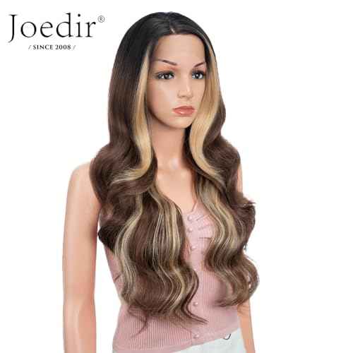 Joedir 26" Big Curly Wavy Supreme Free Parting HD Lace Frontal Wigs With Baby Hair High Temperature Synthetic Wigs For Women(Ombre Brown Highlights Color)