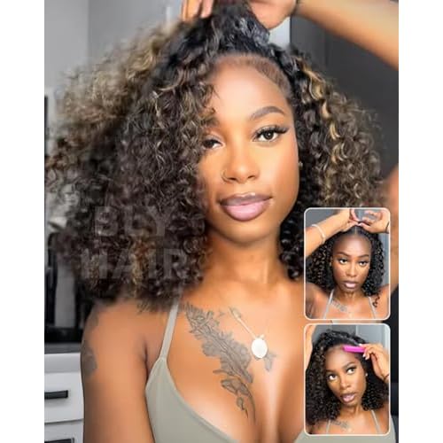 BLY Highlight Water Wave Half Wig Human Hair 3 in 1 Glueless Drawstring Flip Over Wear Go Wig for Women 1B 30 Color 180 Density Short Bob Wigs 10 Inch