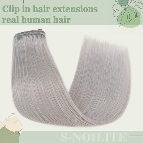 Clip in Hair Extensions Human Hair S-noilite Gray Human Hair Short Hair Clip in Extensions Full Head 8 Pieces/18 Clips 100% Real Human Hair Silky Straight 16"-90g Light Gray (#G1)