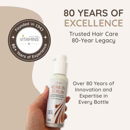 VITAMINS hair cosmetics Keratin Hair Serum for Frizzy and Damaged Hair - Anti Frizz Serum with Biotin, Castor Oil & Collagen for Heat Protection, Shine and Gloss Treatment - 4.25 Fl Oz