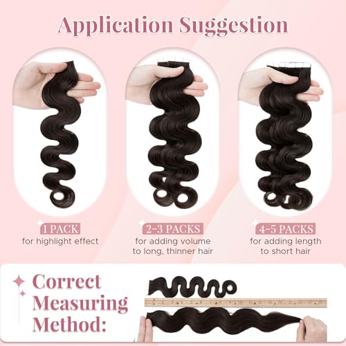 Wavy Tape In Hair Extensions Real Human Hair with Double-Sided Adhesive Professional Hair Extensions for Women 40pcs Body Wave 14 Inches Dark Brown