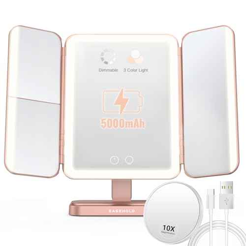 EASEHOLD Rechargable Makeup Mirror Vanity Mirror with Lights, 5000Mah & USB Cable, 112 LEDs Lighted Trifold Mirror with 1X 2X 3X 10X Magnification, Smart Touch, Portable Cosmetic Beauty Mirror