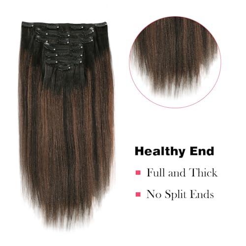 Sassina Yaki Straight Clip in Human Hair Extensions Double Weft Clip on Hair Extensions Natural Black to Chocolate Brown Double Remy Hair Extensions Clip in Human Hair 120 Grams 16 Inch 7 Pcs