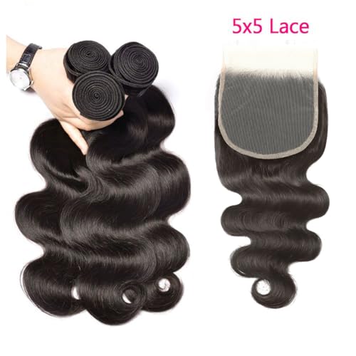 Body Wave Bundles with Closure Brazilian 3 Bundles with Closure (16 18 20+14) Unprocessed Virgin Human Hair Body Wave Bundles with 5x5 Lace Closure Free Part