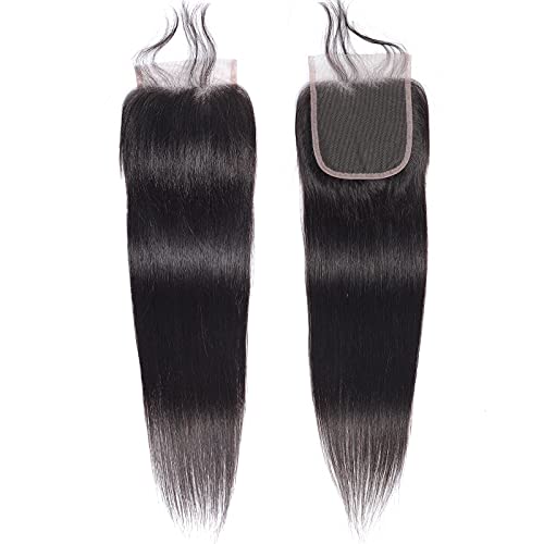 Peruvian Straight Human Hair Bundles with Closure(12" 14" 16"+10") Unprocessed Virgin Human Hair 3 Bundles with Closure 10A Straight Hair Weave Bundles with Lace Closure Natural Color