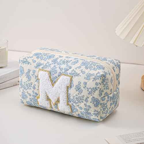 JOVAKIT Alphabet Makeup Bag Cosmetic Bag for Women, Christmas Gifts for Girls Age 6-18, Floral Flowers Coquette Travel Toiletry Zipper Make Up Pouch Organizer Trendy Stuff (2Pcs Blue Floral M)