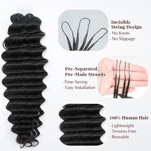100% Human Hair Knotless Pre-Separated Crochet Hair Extensions Deep Culry Feather Hair Deep Wave Feather Line Hair Extensions Natural Color 16Inch 60g