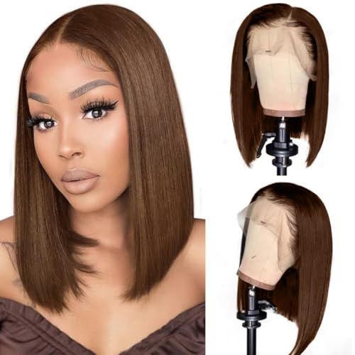 LICHANG Human Hair Wig Chocolate Brown Lace Front Bob Wigs Human Hair 200% Density 13x4 HD Transparent Lace Front Straight Short Bob Wigs for Women Wigs Baby Hair Natural Hairline 14 Inch