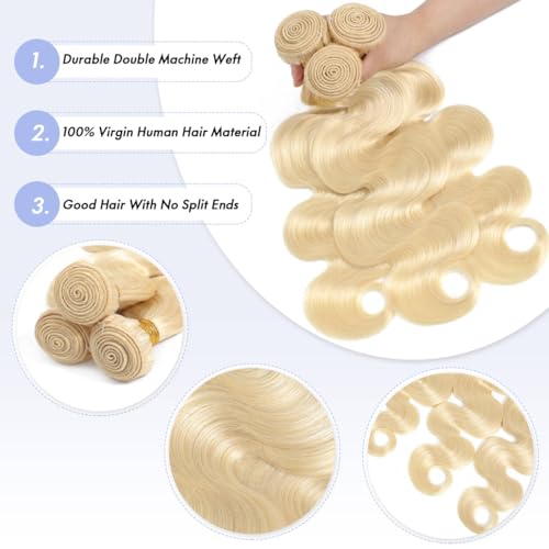 613 Bundles Human Hair 12 14 16 Inch Blonde Body Wave Bundles 100% Unprocessed 16A Brazilian Virgin Hair 3 Bundles Human Hair Body Wave Hair Extensions for Women can be Dyed Bleached