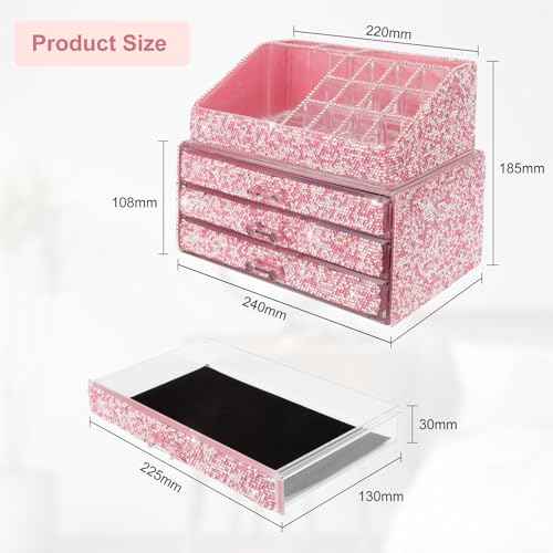 KEYPOWER Makeup Organizers Drawer Bling Diamond,Fashion Countertop Jewelry Cosmetic Storage Display Boxes,Makeup Brush Holder, Cosmetic Holder,2 Pieces Set(Purely Handmade)(Pink)
