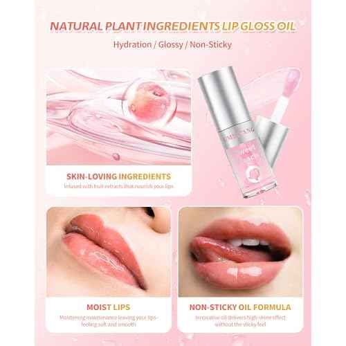 3Pcs Hydrating Lip Oil Set£¬Non-sticky Lip Oils Gloss Lip Balm Lip Care£¬Deeply Nourishing and Repairing Prevents Lips Chapped and Lighten Lip Lines(Honey£¬Peach£¬Strawberry)