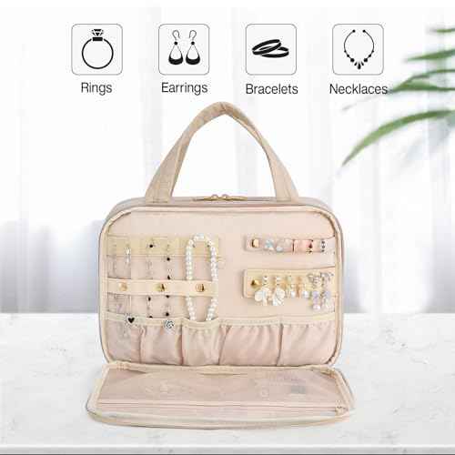 Hanke Hanging Travel Toiletry Bag for Women with Jewelry Organizer Compartment, Travel Essentials Toiletries and Makeup Bag, Water-Resistant & Stain-Resistant with Trolley Strap (Apricot)