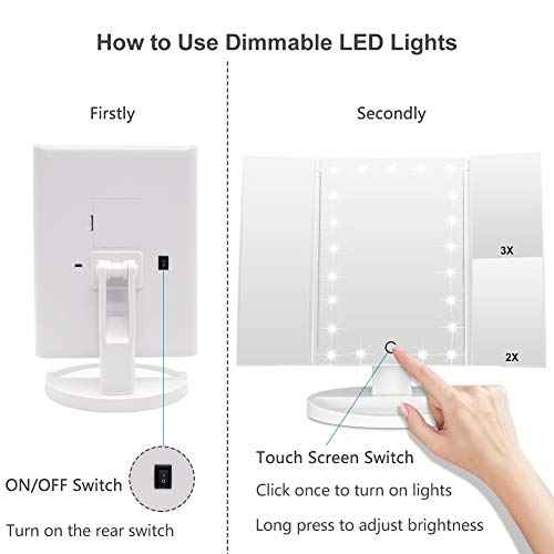 WEILY Makeup Mirror with 21 LED Lights,Two Power Supply Modes, Adjustable Touch Screen and 1x/2x/3x Magnification Tri-Fold Vanity Mirror,Chargeable Travel Cosmetic Mirror for Desktop(White)