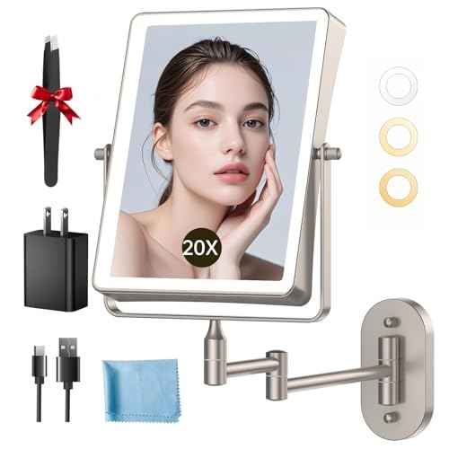 Wall Mounted Lighted Makeup Mirror, 1X/20X Magnifying 5000mAh Rechargeable Make Up Mirror with 3 Color Lights, Touch Dimmable, 360 Rotation Wall Mount Mirror Swing Arm with Tweezer and Adapter