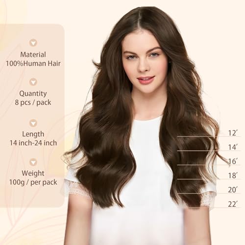 Sassina Clip in Hair Extensions 18 Inch Invisible Straight Human Hair Extensions Clip ins Medium Brown Clip in Extensions Full Head 8 Pcs with 18 Clips 120 Grams #4
