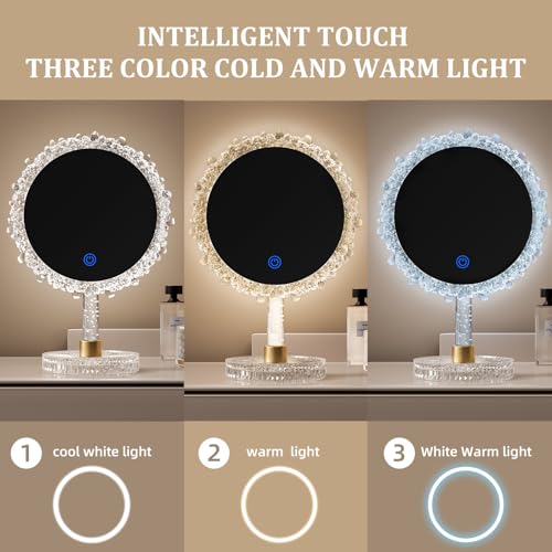 Makeup Mirror with Lights,18"x12"Large LED Lighted Makeup Mirror with Crystal Frame,3-Color Lighting Mode,Intelligent Touch Control,Rotatable,for Vanity Desk Tabletop,Bedroom,Women's Gift,White