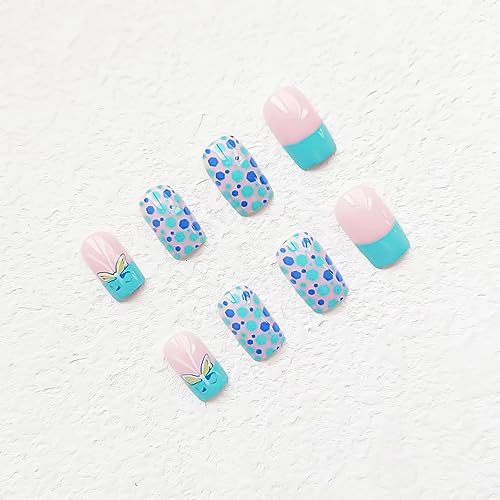 24pcs Square Press on Nails - Glossy Glue on Nails, Green French Tip Acrylic Nails with Butterfly Design False Nails for Women's Manicure