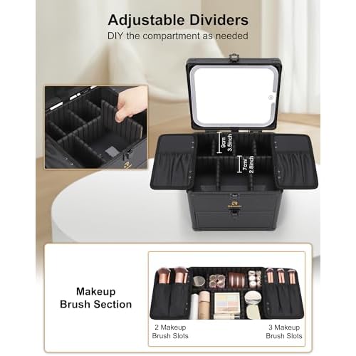 Relavel Makeup Bag with LED Mirror, Dual Layer Cosmetic Train Case with Light up Mirror Large Travel Makeup Artist Organizer Bag for Women with Adjustable Dividers & Nail Polish Organizer, Black