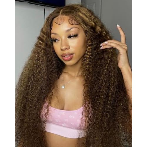 Highlight Ombre Deep Curly Lace Front Wigs Human Hair Pre Plucked 180% Density Honey Blonde Jerry Curly Wig Human Hair 13x6 HD Transparent Lace Frontal Wigs Human Hair for Women 20Inch