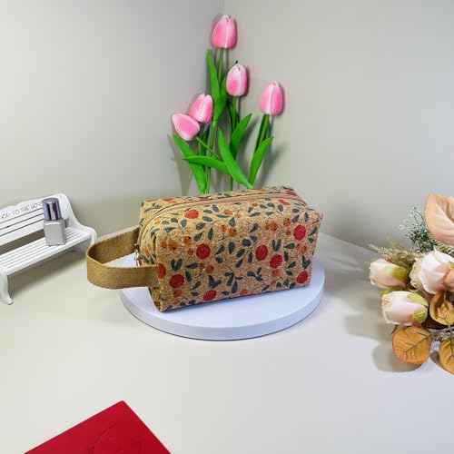 Cute Cork Printing Makeup Bag Small Cosmetic Bag, Aesthetic Pencil Pouch Toiletry Period Bag for Women Travel Accessories (Red Fruit)