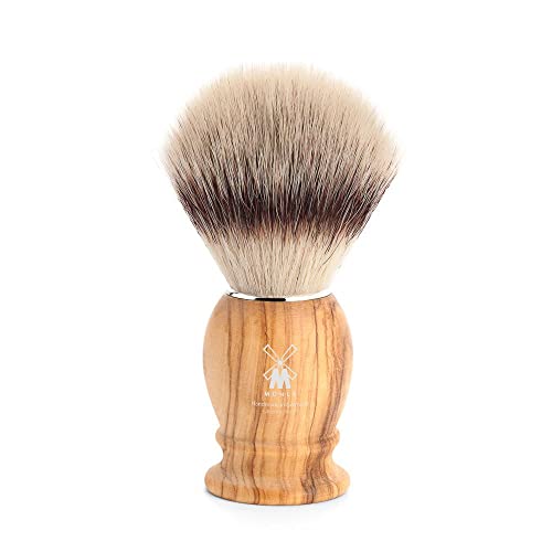 M?HLE Classic Olive Wood Medium Silvertip Fiber Shaving Brush - Synthetic Luxury Shave Brush for Men, Rich Lather