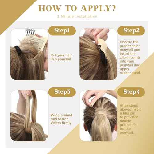 Ve Sunny Ponytail Extension Real Human Hair for Women Clip in Ponytail Hair Extension Straight Hair Pieces Wrap Around Dark Ash Blonde Highlights Golden Blonde 14inch 80G