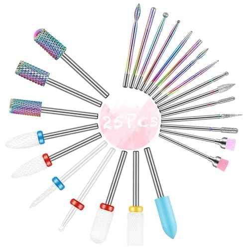 25PC Nail Drill Bits Set,Tungsten Carbide Diamond Ceramic Drill Bits Nails for Acrylic Gel Polish,3/32'' Professional Cuticle Efile Remover Nail Bits for Nail Drill Manicure Pedicure Tool
