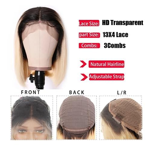 Ombre Blonde Lace Front Wigs Human Hair,13X4 HD Bob Lace Front Wigs 12" 150% Density Ombre 1B/613 2 Tone Straight Human Hair Pre Plucked with Bleached Knots lUnprocessed Virgin Hair for Women