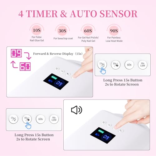 Cordless UV Nail Lamp, 96W Rechargeable UV Light for Gel Nails with Automatic Sensor & 4 Timers, Portable LED Nail Lamp, Professional Nail Dryer for Salon & Home (White)