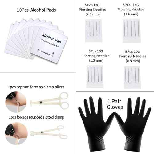 94PCS Mixed-pack Piercing Kits for All Body Piercings Stainless Steel 14G 16G 20G Jewelry and Needle with Tools Nose Septum Lip Ear Belly Button Cartilage Tragus