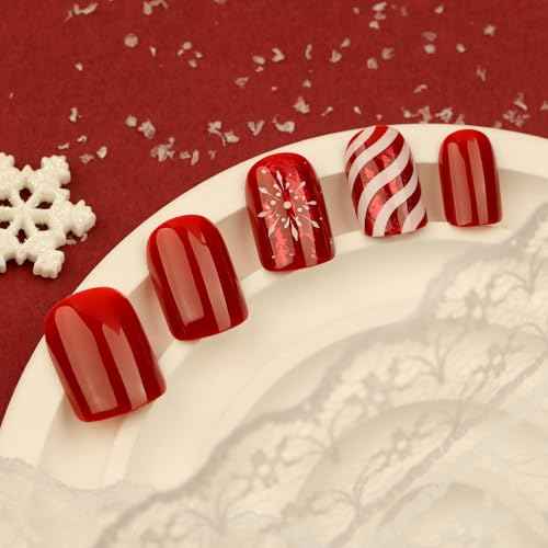 Christmas Press on Nails Short Square Red Nails Press Ons with Candy Stripes Snowflakes Designs Acrylic Fake Nail with Wearing Tools Removeable Xmas Artificial Nails 24pcs New Year Gifts