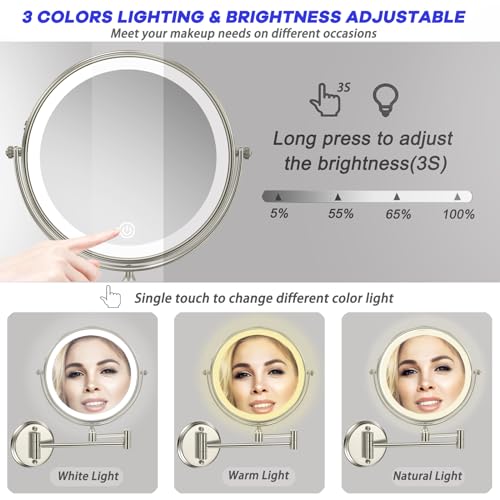 Rechargeable Wall Mounted Makeup Mirror with Lights, 8 Inch Double-Sided 10X Magnifying Vanity Mirror, 3 Color Lights & Stepless Dimming 360¡ÆRotation Extendable Lighted Magnification Bathroom Mirror